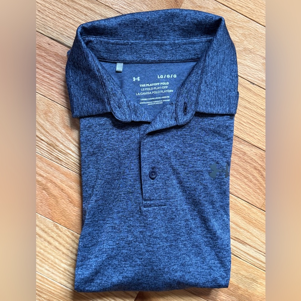 NWOT Under Armour Men’s Playoff Heather Polo, Navy / Gray, Loose Fit Size L